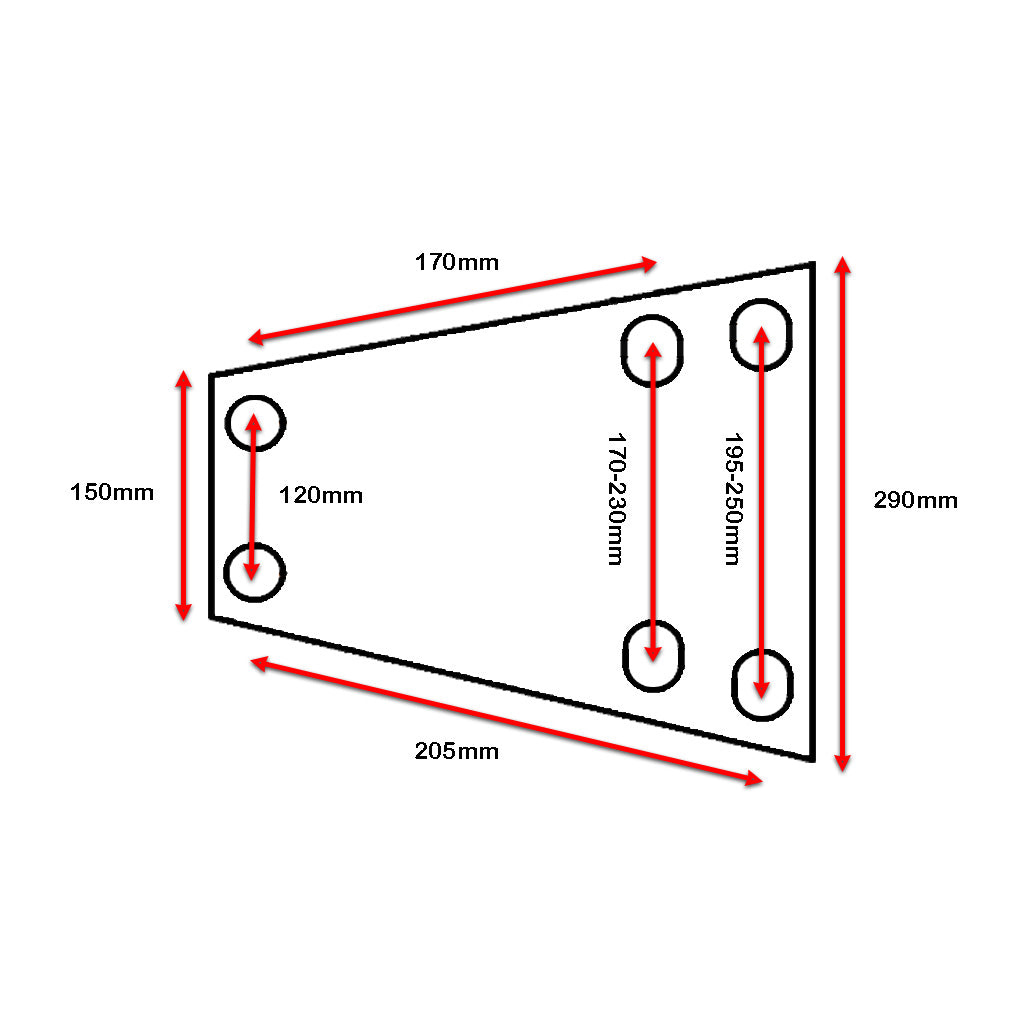 Shows the coupling fitting dimensions & hole centres.